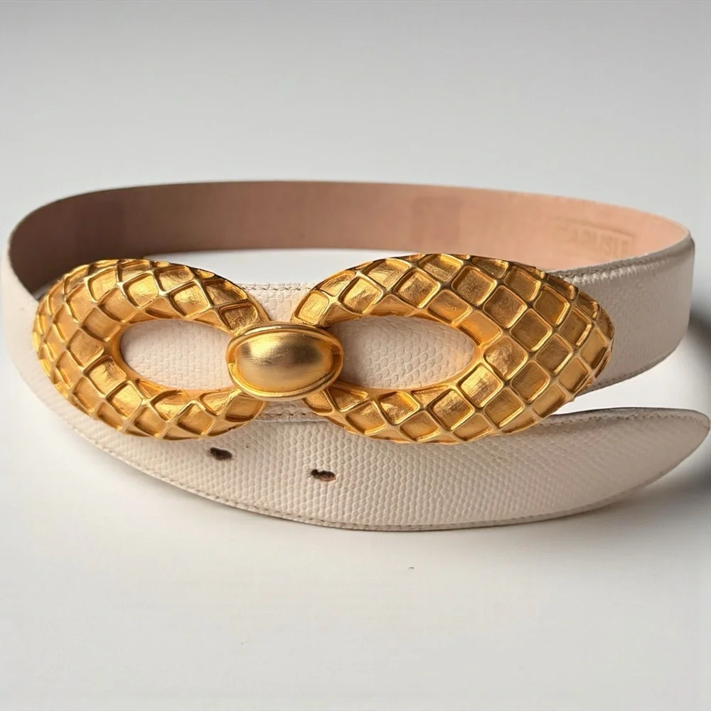 Carlisle Vintage 80s Belt Leather Karen Callan Brushed Gold Buckle Glam XS - Picture 1 of 14